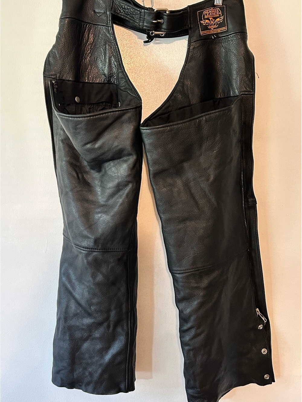 Milwaukee Black Leather Motorcycle Chaps with Buckle and Lace-Up Detail